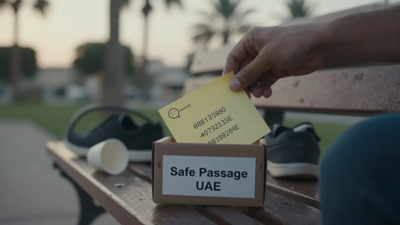 A folded note with emergency contact details left on a park bench for someone in need.
