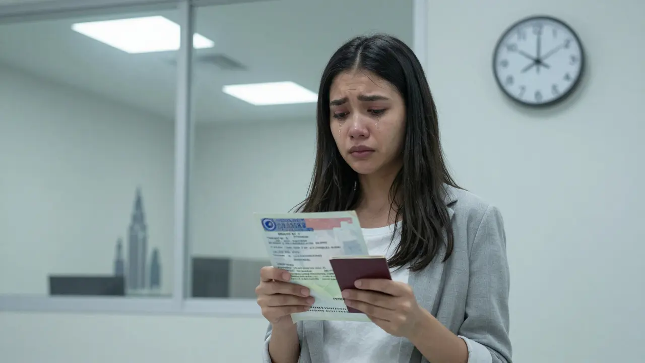 A foreign woman in an immigration office, holding a torn visa, looking distressed under harsh lights.