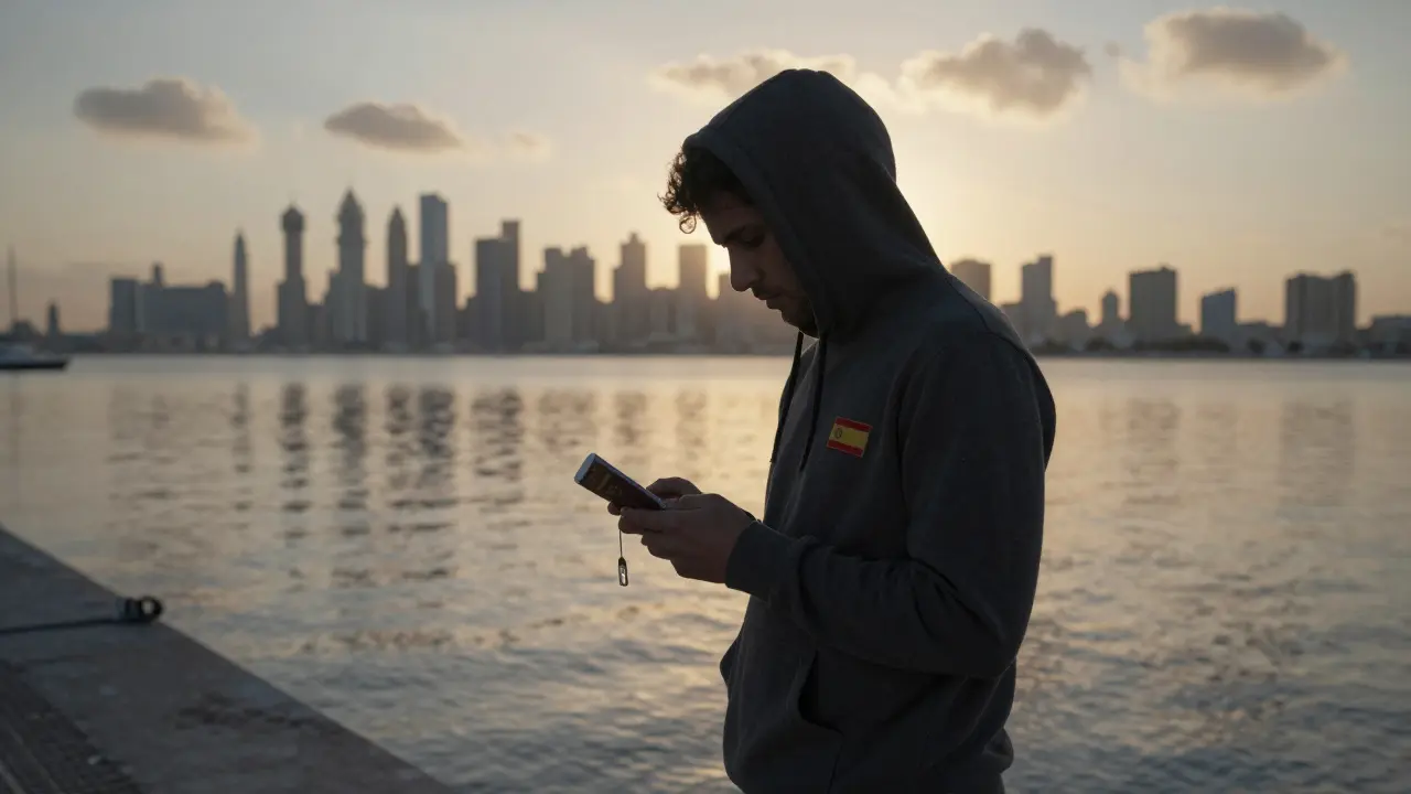 A former performer standing on a Lisbon pier at dawn, looking back at the distant Dubai skyline.