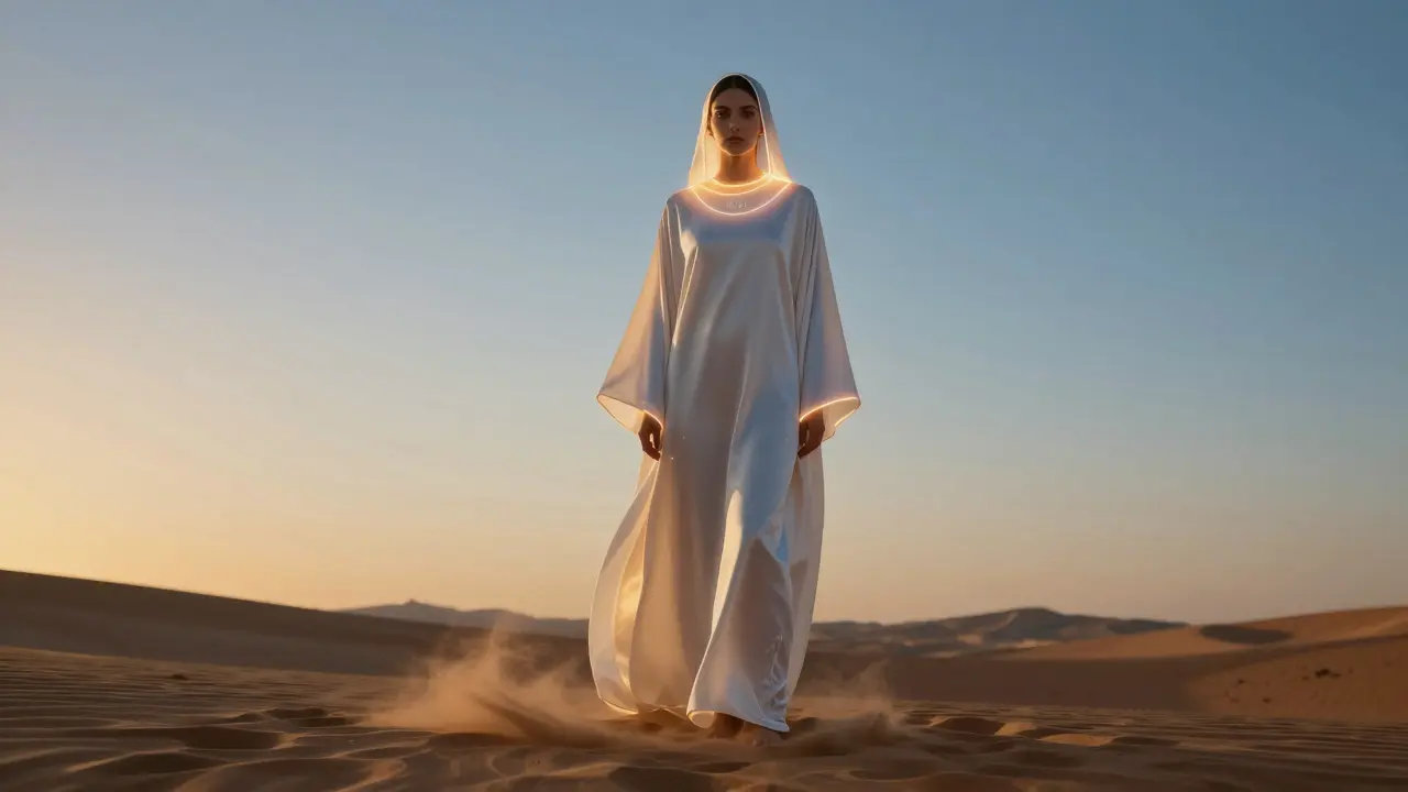 A futuristic abaya glows subtly at the wrists and collarbone, standing alone in the desert at sunset, fabric shifting with movement.