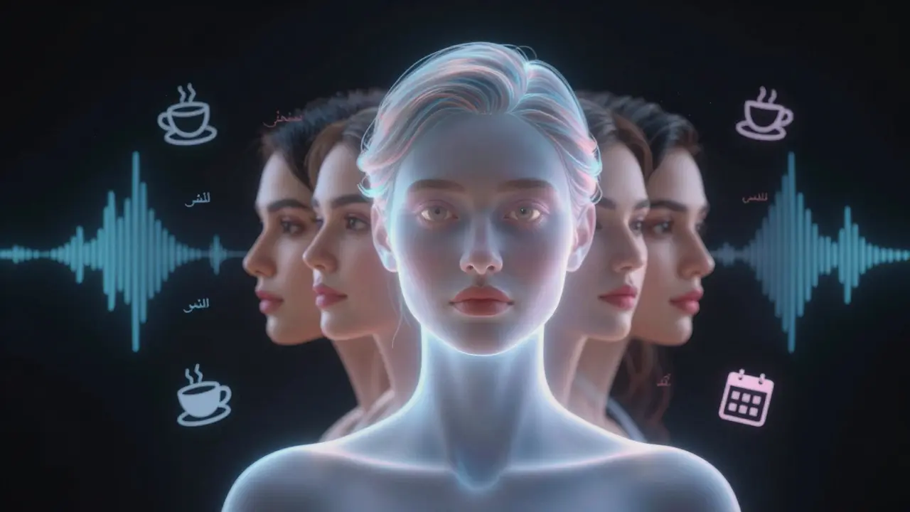 A glowing AI companion with shifting features, symbolizing virtual intimacy powered by artificial intelligence.