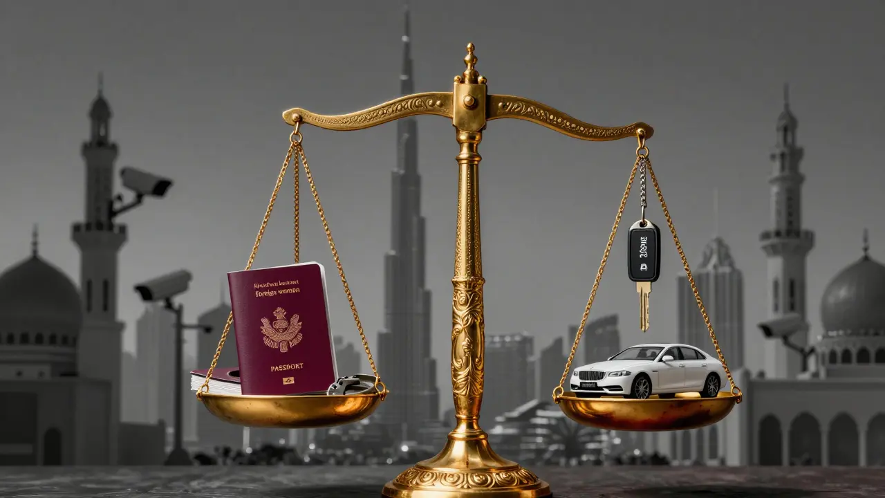 A golden scale weighs passports and veils against a key and car key, symbolizing gender and nationality-based power imbalance in Dubai.