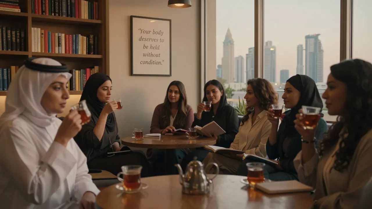 A group of women in quiet reflection after a session, sipping tea in a cozy lounge as dusk falls over Dubai’s skyline.