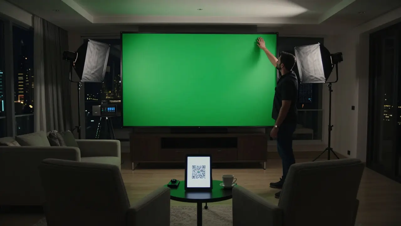 A hidden adult content studio in Dubai Marina with high-end gear, crypto wallet visible, no people shown, atmosphere of quiet secrecy.