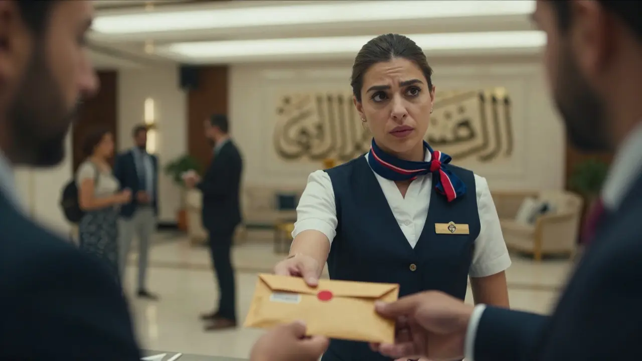 A hotel receptionist in Dubai nervously accepting cash from a client in the lobby.