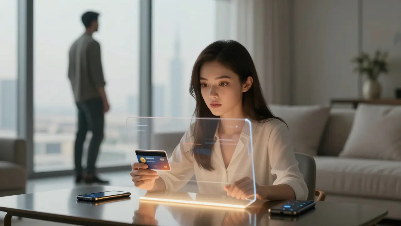 A lifelike AI companion projects from a screen in a modern Dubai penthouse, beside a burner phone and crypto card.