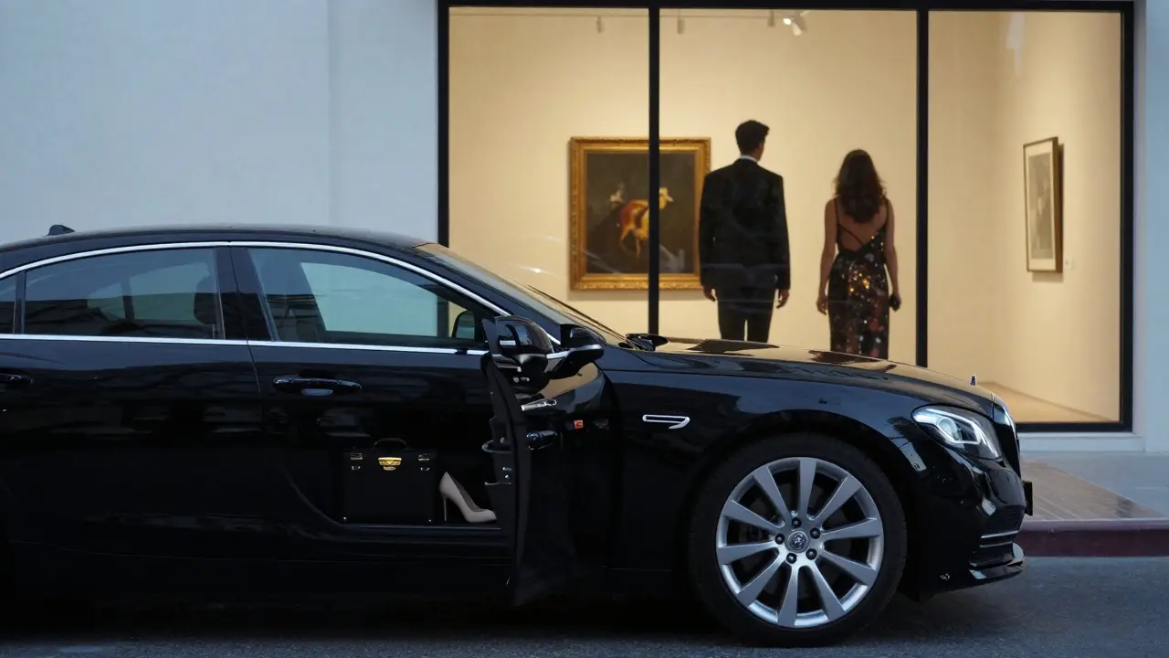 A luxury car outside a Dubai art gallery, its open door hinting at two discreetly entering figures.