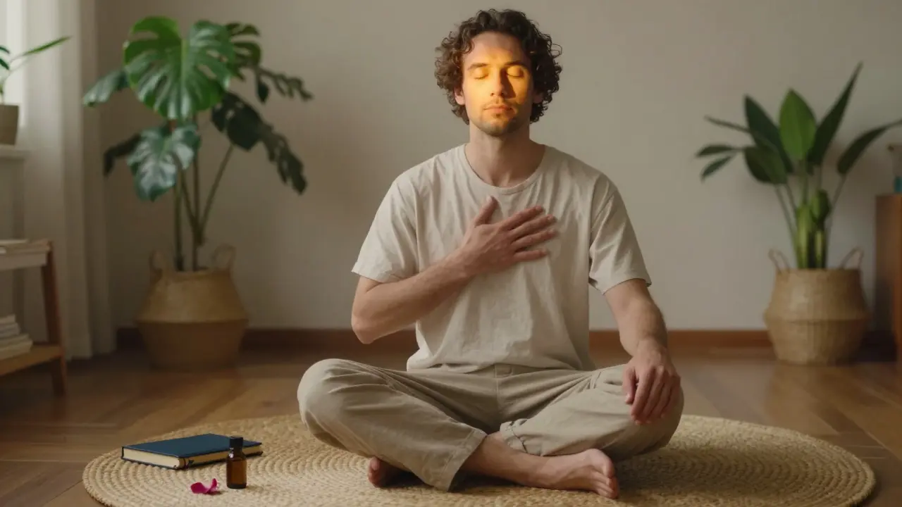 A man sitting meditatively in a peaceful room, hand on chest, journal and oil beside him, embodying self-awareness and stillness.
