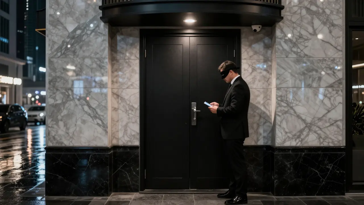 A masked bouncer checks ID at a hidden entrance to an exclusive Dubai nightclub.