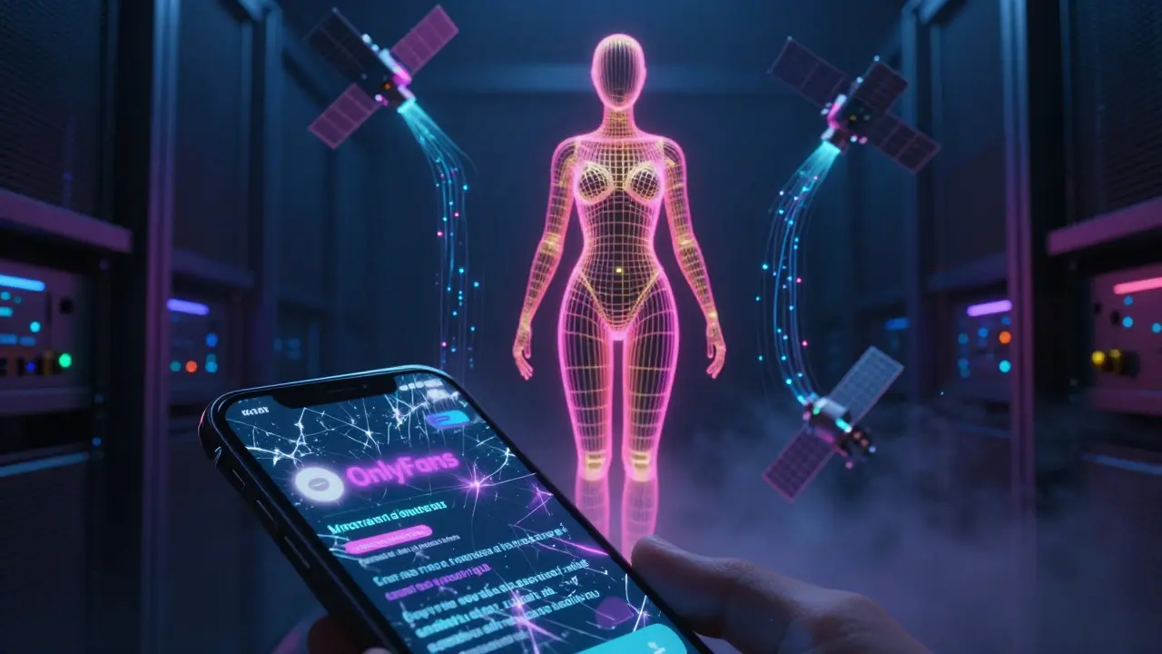 A neon digital avatar streams data to satellites, symbolizing anonymous adult content sales from Dubai.