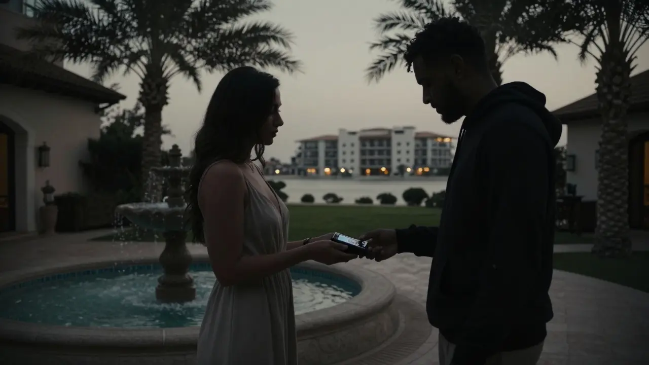 A secretive exchange in a private villa courtyard at dusk, faces hidden, only hands visible.