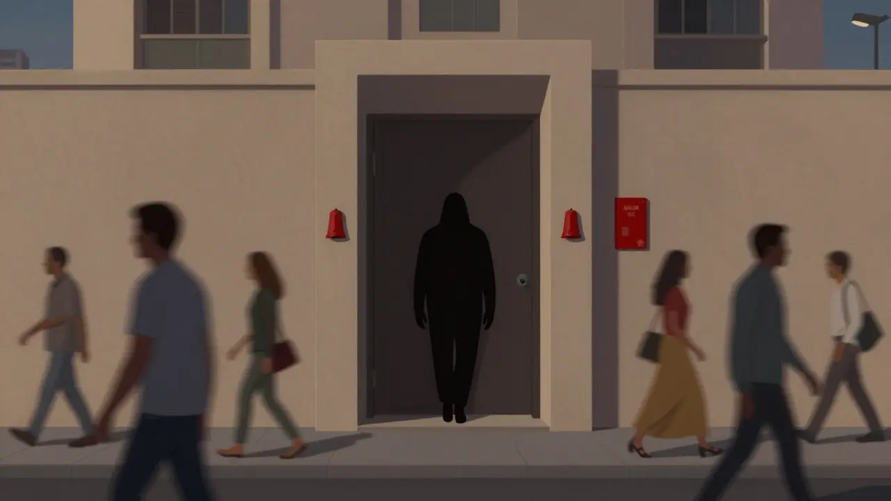 A shadowy figure entering a private Dubai apartment building, surrounded by blurred passersby in diverse clothing.