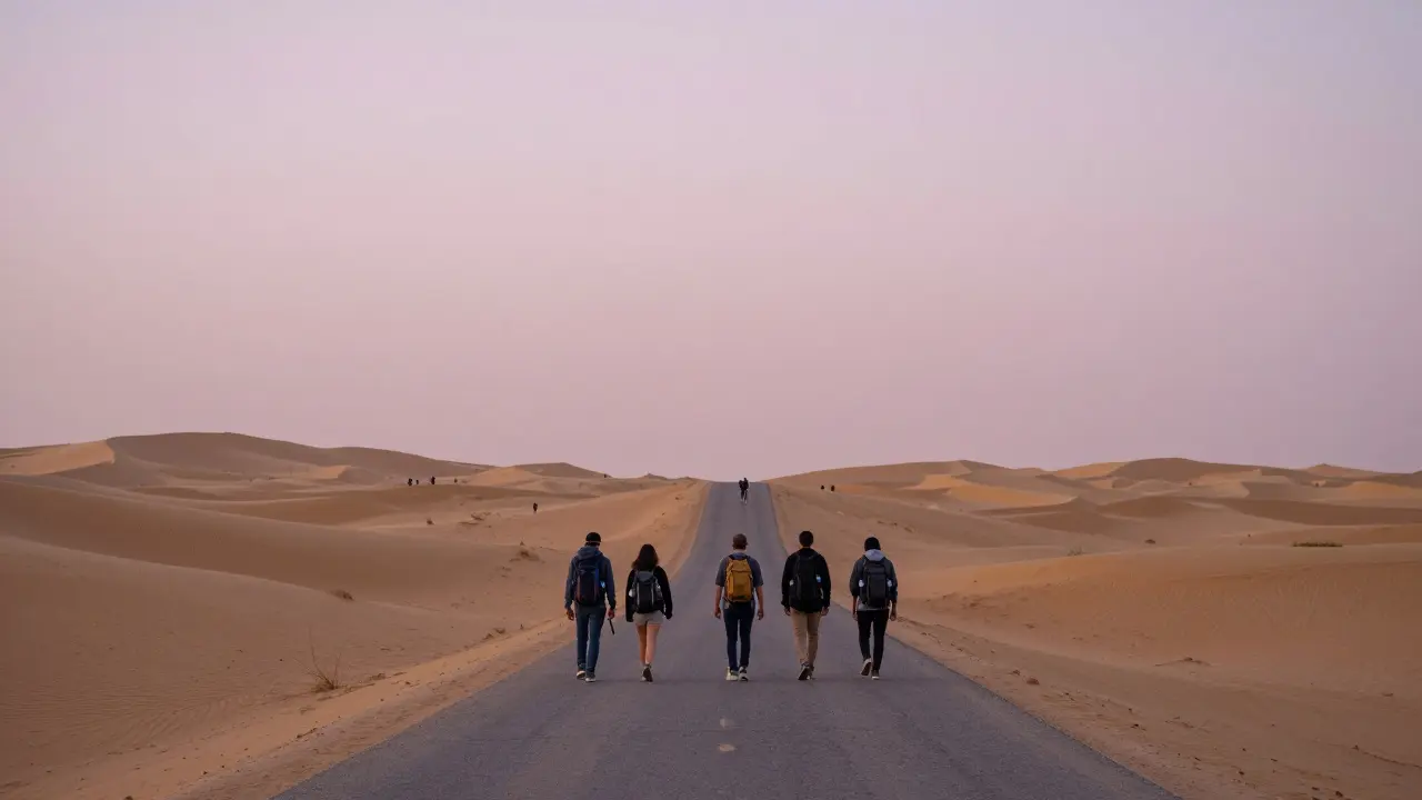 A small group hiking in the desert at dawn, finding solace in nature’s silence.