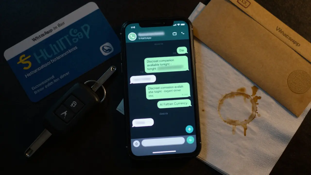 A smartphone displays coded WhatsApp messages beside cash and a hotel keycard in a dark setting.