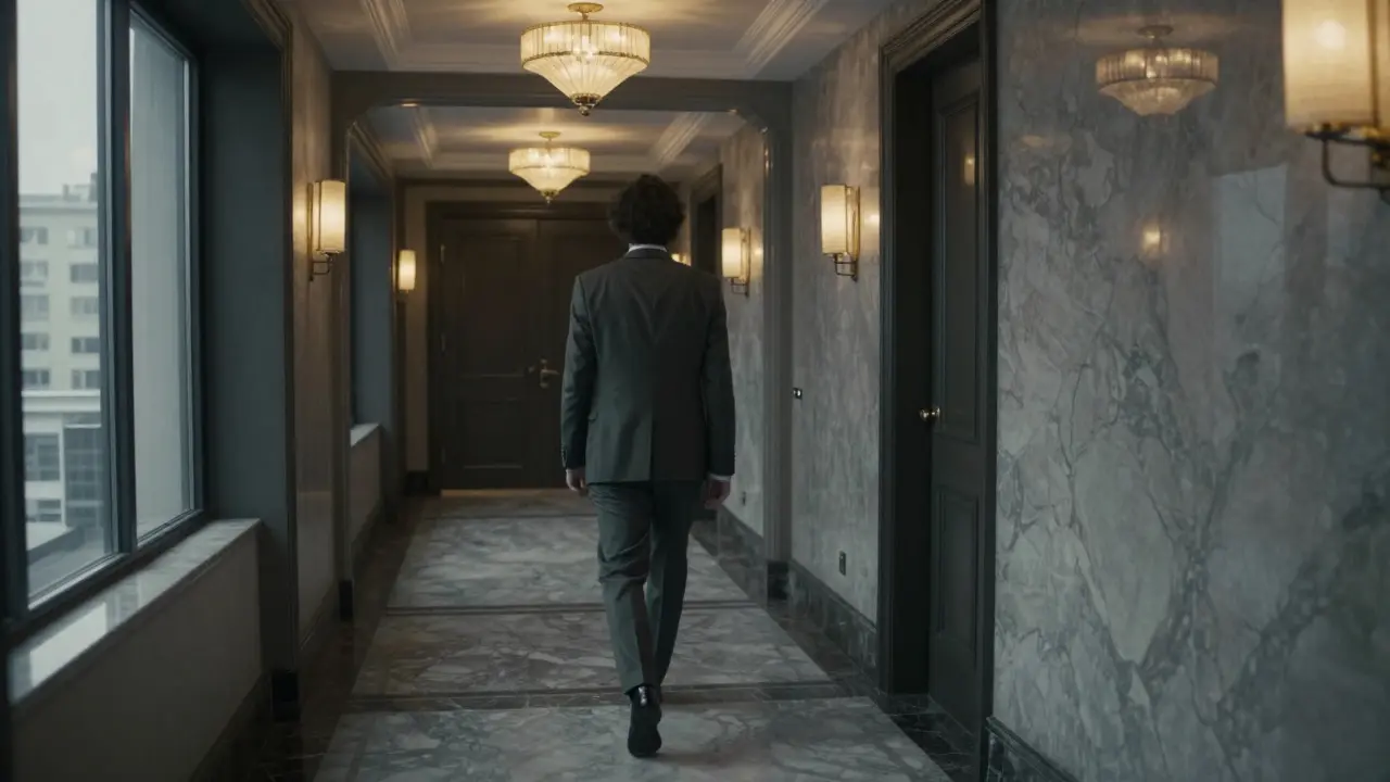 A solitary figure walks alone through a luxurious hotel corridor at dawn, surrounded by silence and opulence.
