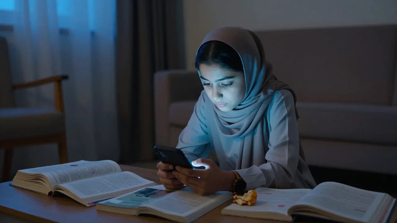 A teenage girl in her room scrolling through explicit content on her phone, lit by blue screen glow at night.