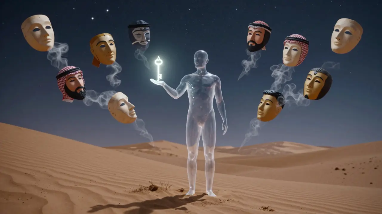 A transparent human figure in the desert surrounded by dissolving cultural masks, under a starry sky.