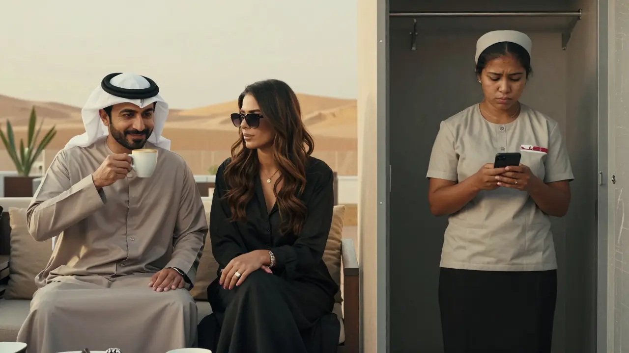 A wealthy Emirati man and a foreign woman at a rooftop lounge contrast with a domestic worker alone in her quarters.