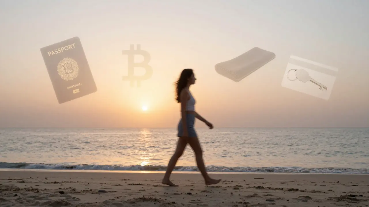 A woman's silhouette on a Dubai beach, digital fragments of her past lives fading into the sunrise, symbolizing transformation and anonymity.