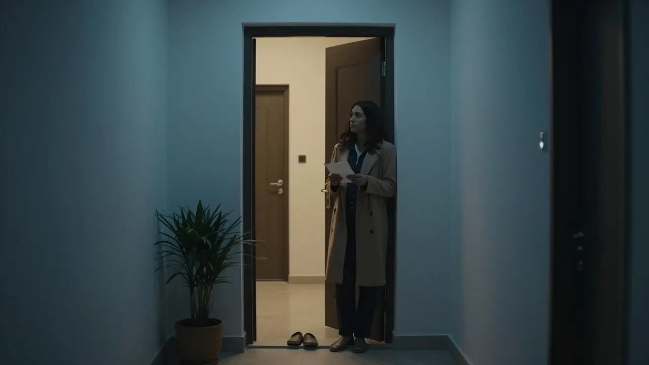 A woman hesitates outside a private door in a Dubai apartment building at night, holding a note, as warm light glows from within.