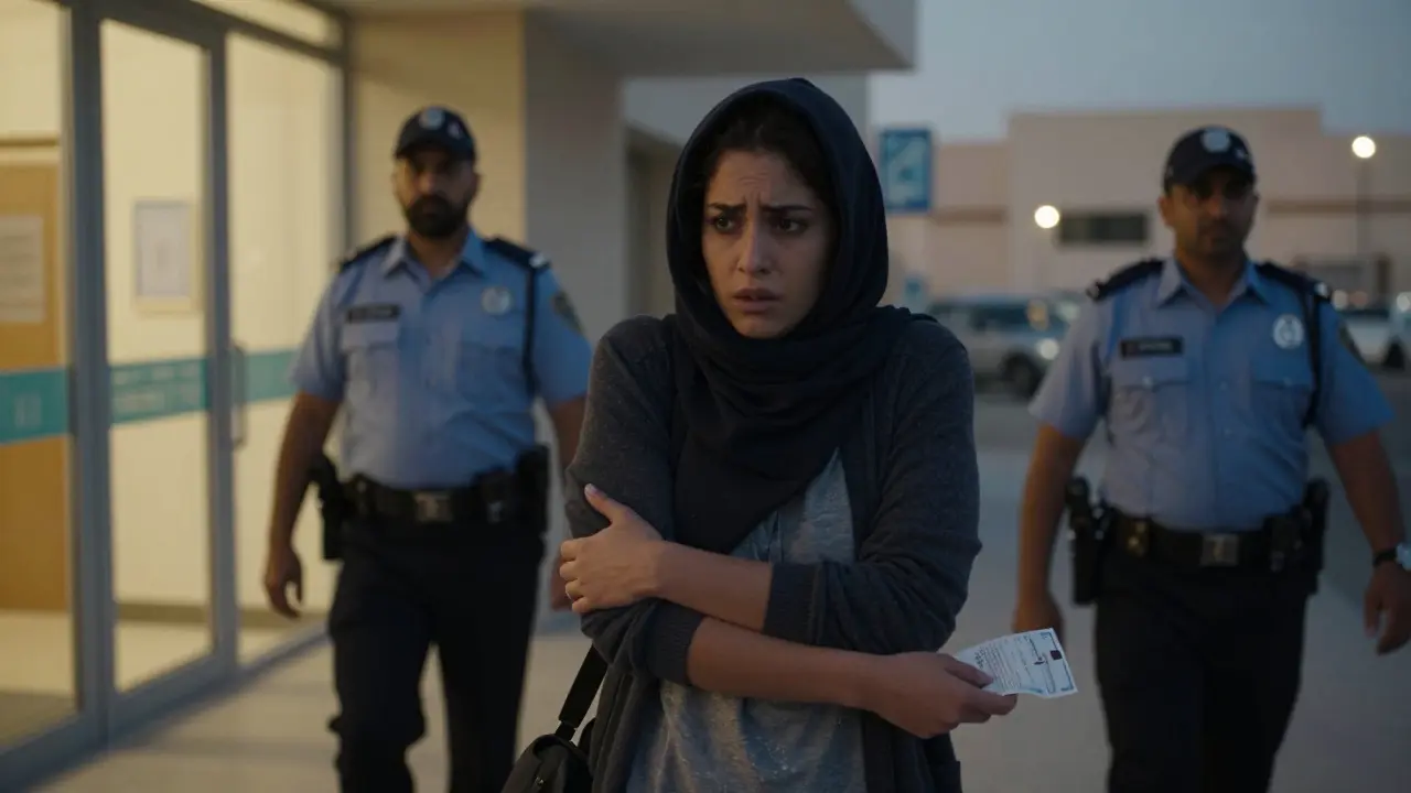 A woman hesitating outside a hospital, afraid to seek help after an injury.