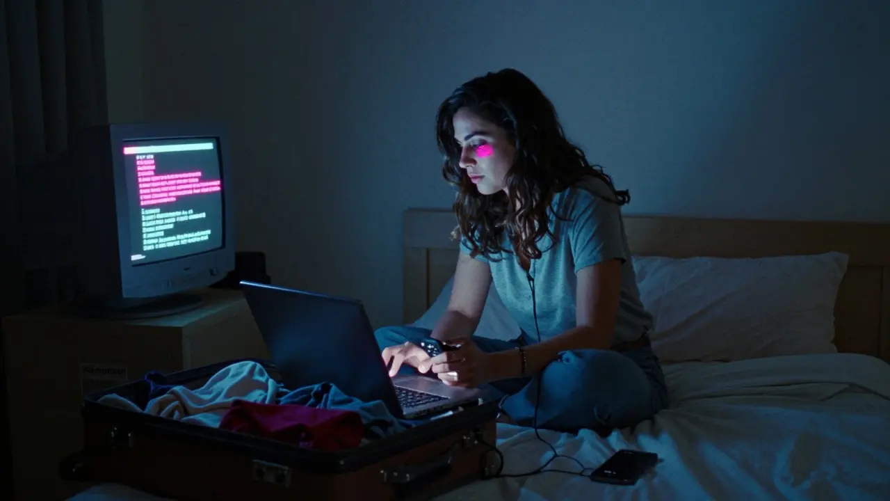 A woman in a 1990s Dubai apartment uses a laptop and burner phone, with a coded ad visible on the screen.