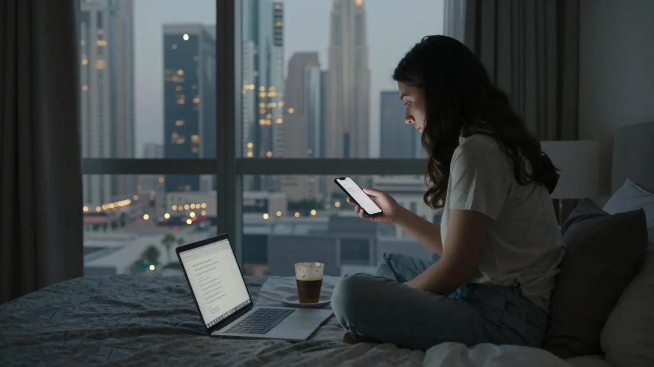 A woman in a Dubai apartment stares at her phone, city lights visible through the window, laptop beside her.
