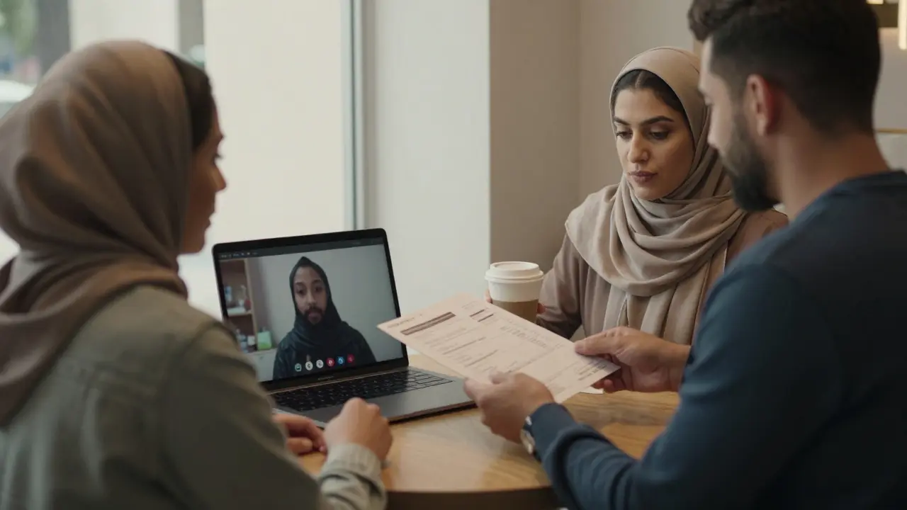 A woman in a headscarf hands a folder to a man in a Dubai café, conveying discreet support.