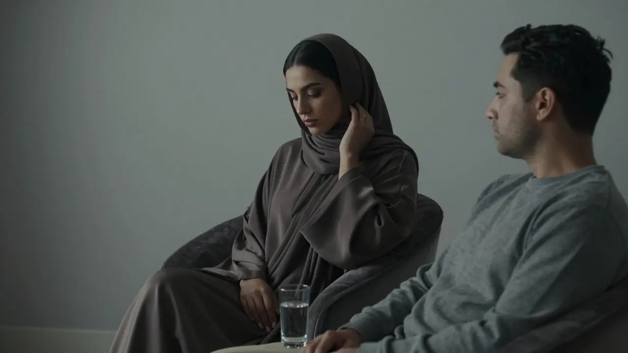 A woman in an abaya sits poised, mirroring a man's relaxed posture in a serene, elegantly lit room.