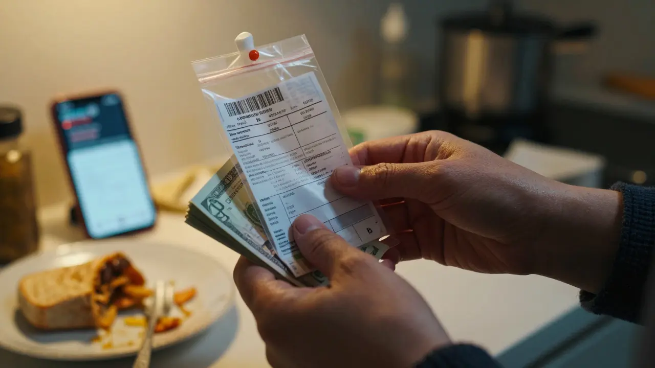 A woman’s hands holding a medical test and cash in a cluttered kitchen, trembling slightly.