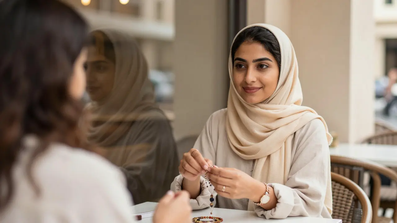 A woman selling handmade jewelry at a café, her reflection showing a ghost of her past self.