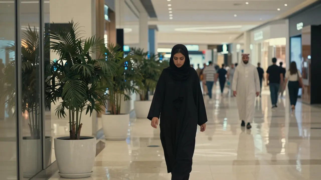 A young woman walking alone in a Dubai mall, feeling watched by unseen observers.
