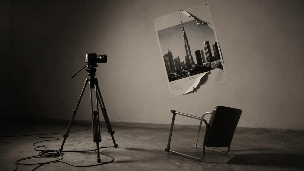 Abandoned studio with broken camera and torn Dubai poster, evoking illegal activity abandoned.