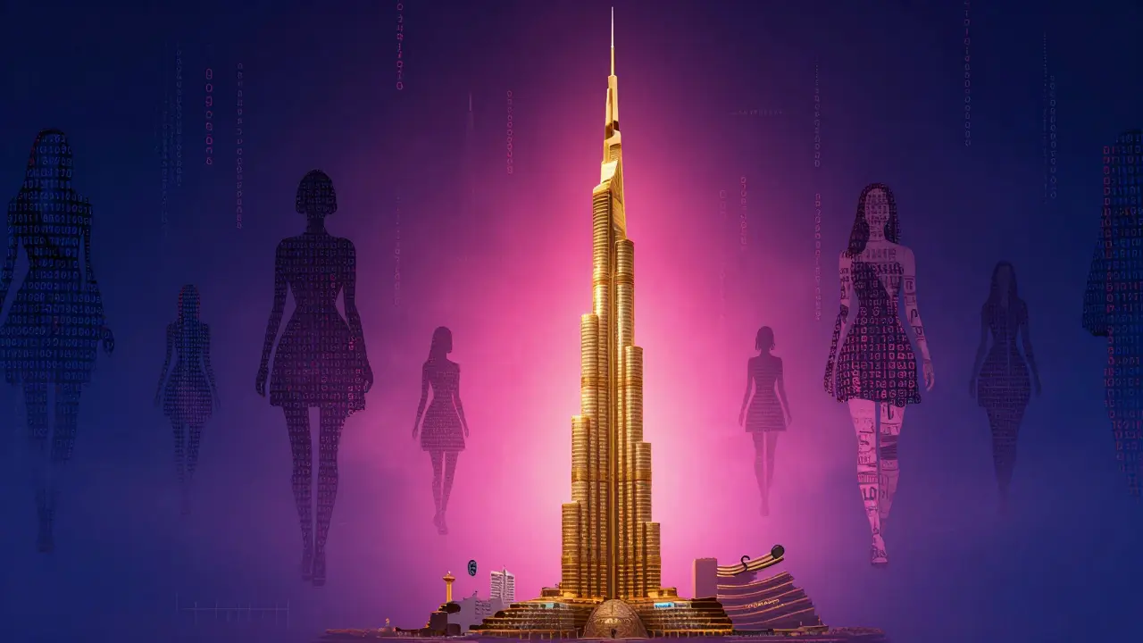 Abstract art of Dubai's skyline merging with digital code and visa stamps, symbolizing hidden labor and anonymity.