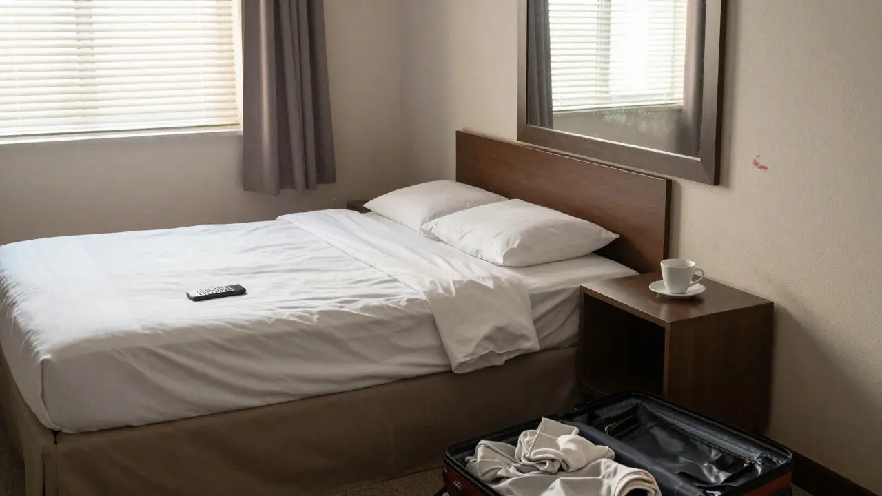 An empty hotel room at dawn, half-packed suitcase and burner phone left behind.