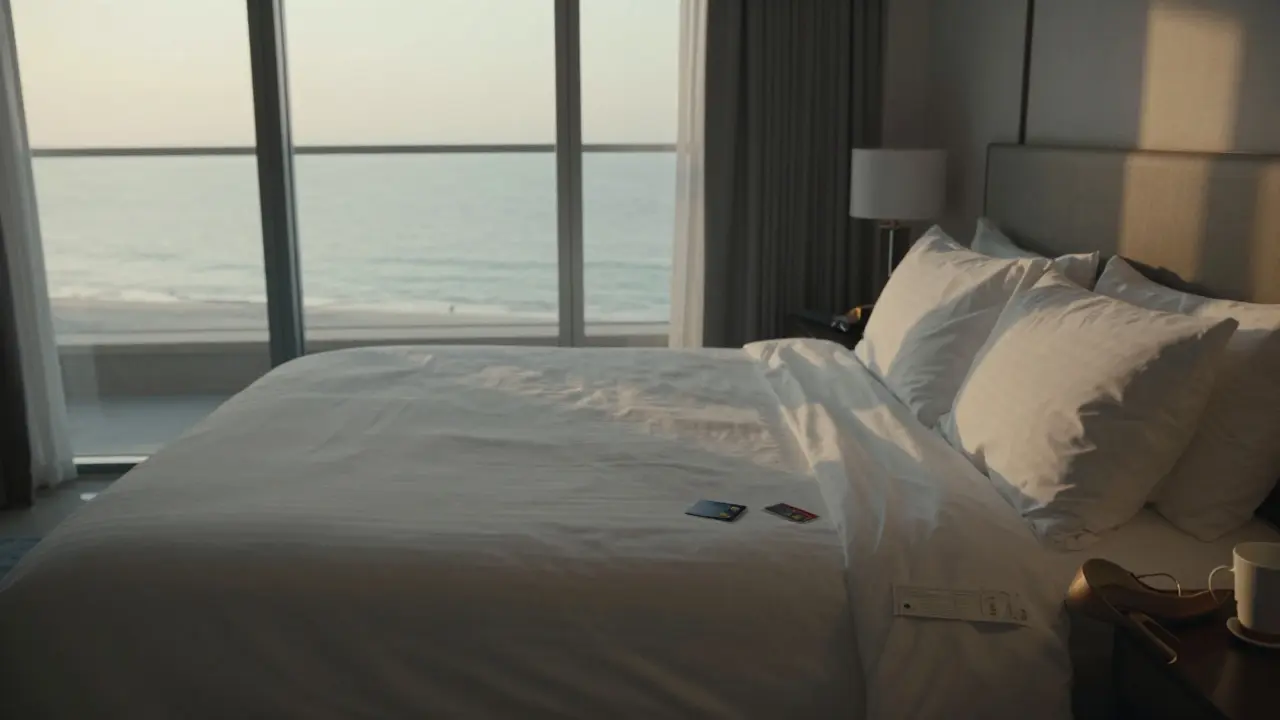 An empty luxury hotel room at dawn, showing only traces of a departed visitor—coffee cup, debit card, and shoes.