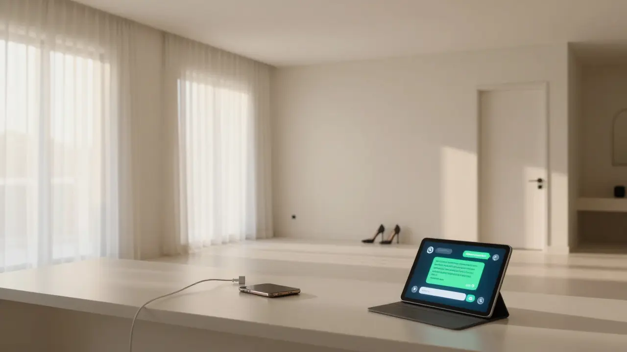 An empty luxury villa at dawn, with a discarded phone charger and a single high heel beside a closed door.