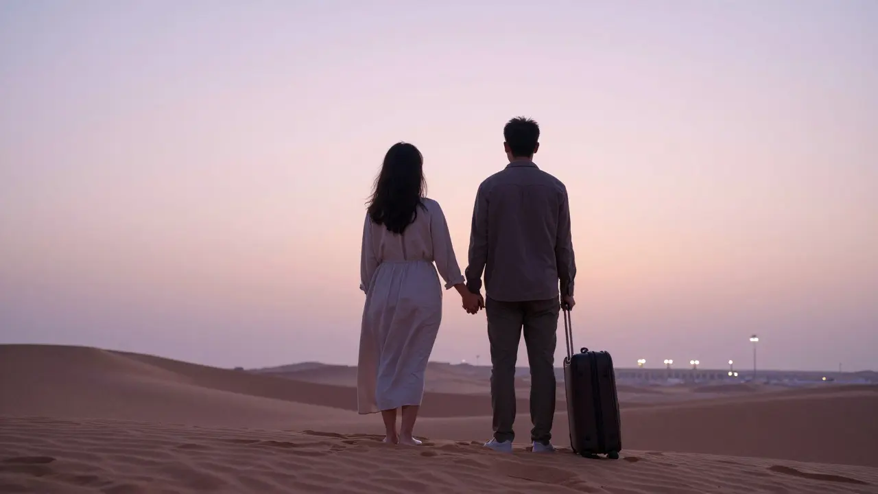 Couple at desert dune at sunrise, suitcase nearby, airport lights on horizon.