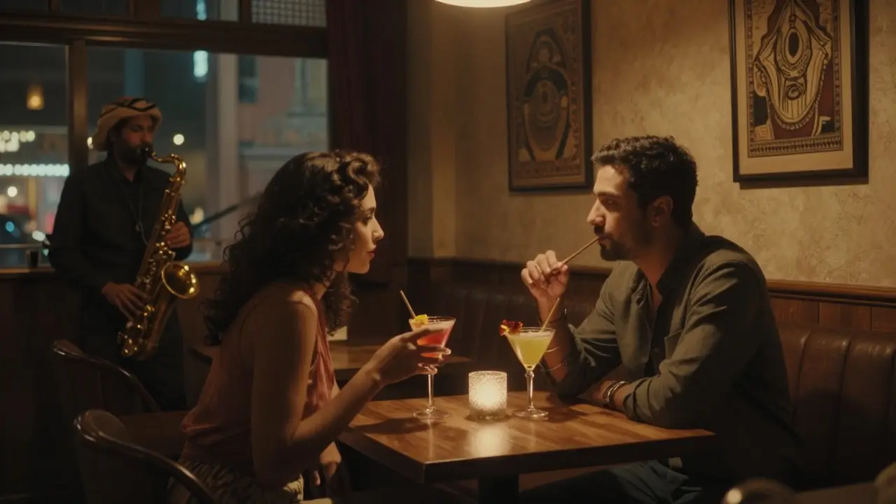 Couple enjoying jazz and spiced cocktails in a dimly lit lounge with Middle Eastern art on the walls.