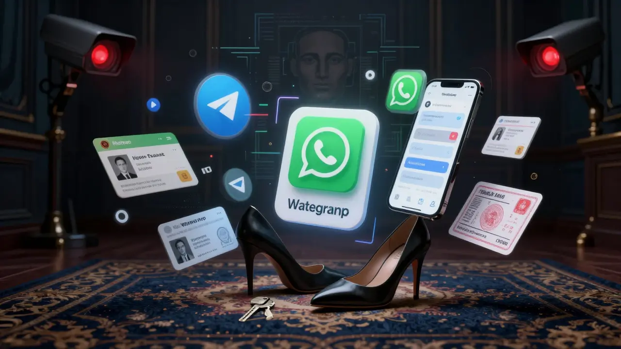 Digital collage of encrypted apps, currency symbols, and surveillance tech surrounding abandoned high heels on a luxury carpet.