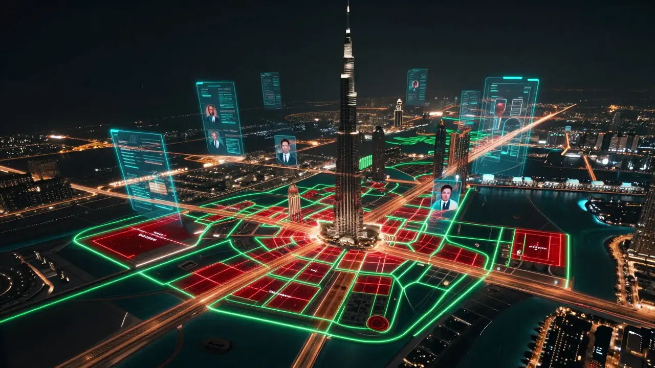 Digital geofencing map shows safe and restricted zones across Dubai's districts with glowing boundaries.