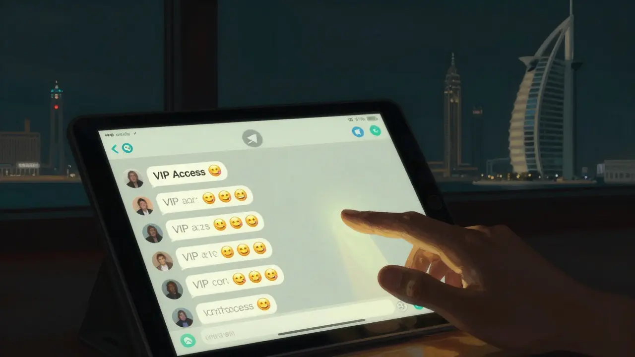 Dimly lit tablet displaying encrypted Telegram messages with a private link, Dubai landmarks reflected in a window.