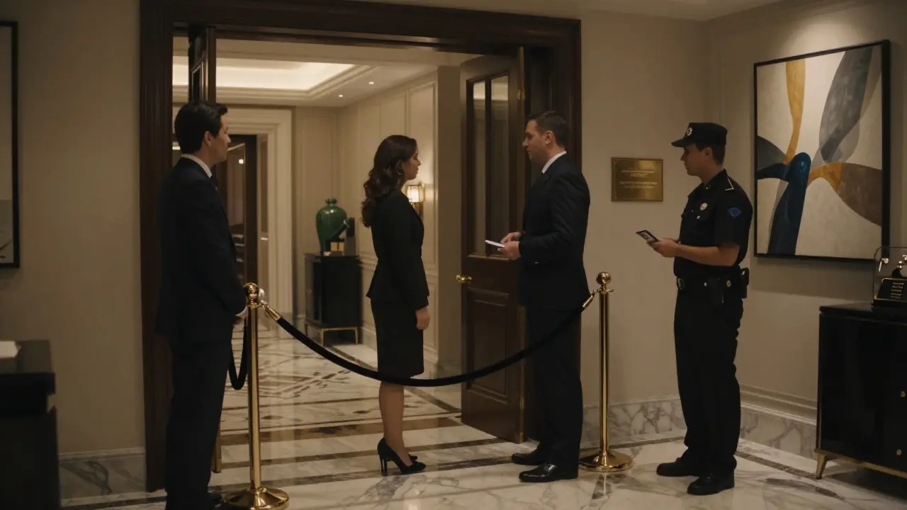 Discreet entrance to an exclusive club inside a luxury hotel, host greeting a couple with ID check.