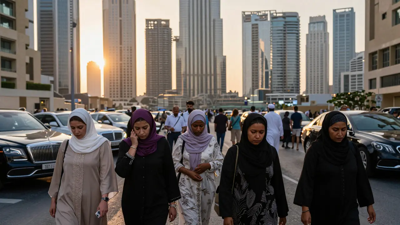 Diverse women walking alone through Dubai's glamorous streets at dusk, blending into crowds of tourists while appearing isolated and weary.