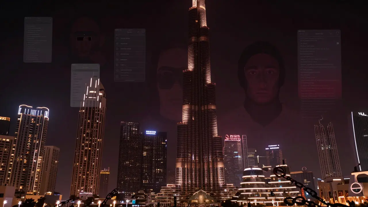 Dubai's skyline overlaid with hidden digital symbols of crypto payments and surveillance, dissolving into chains.