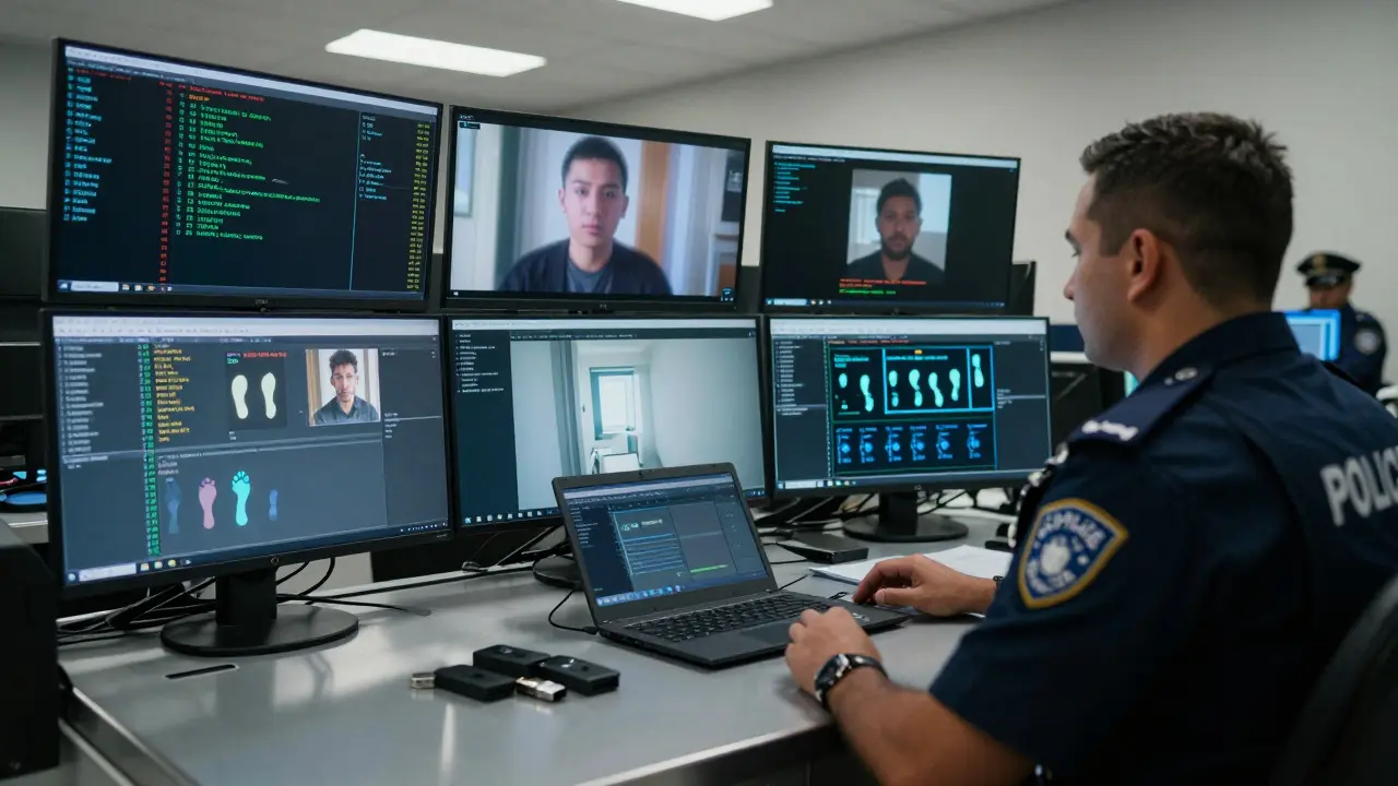 Dubai police cyber unit monitoring digital traces of underground adult content production on multiple screens.