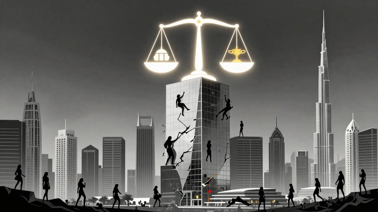 Dubai’s skyline fractures as silhouettes of women emerge from its cracks, symbolizing hidden vulnerability beneath wealth.