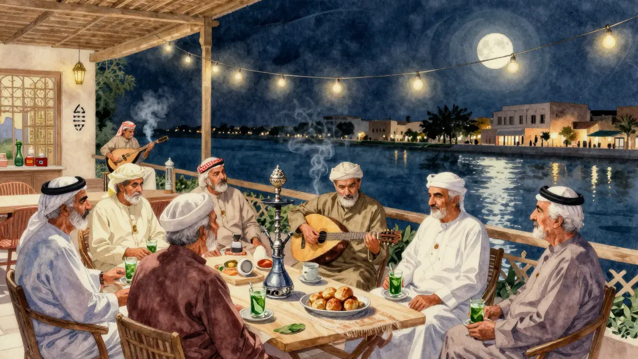 Elderly guests sipping tea and smoking shisha under string lights with an oud player nearby at night.