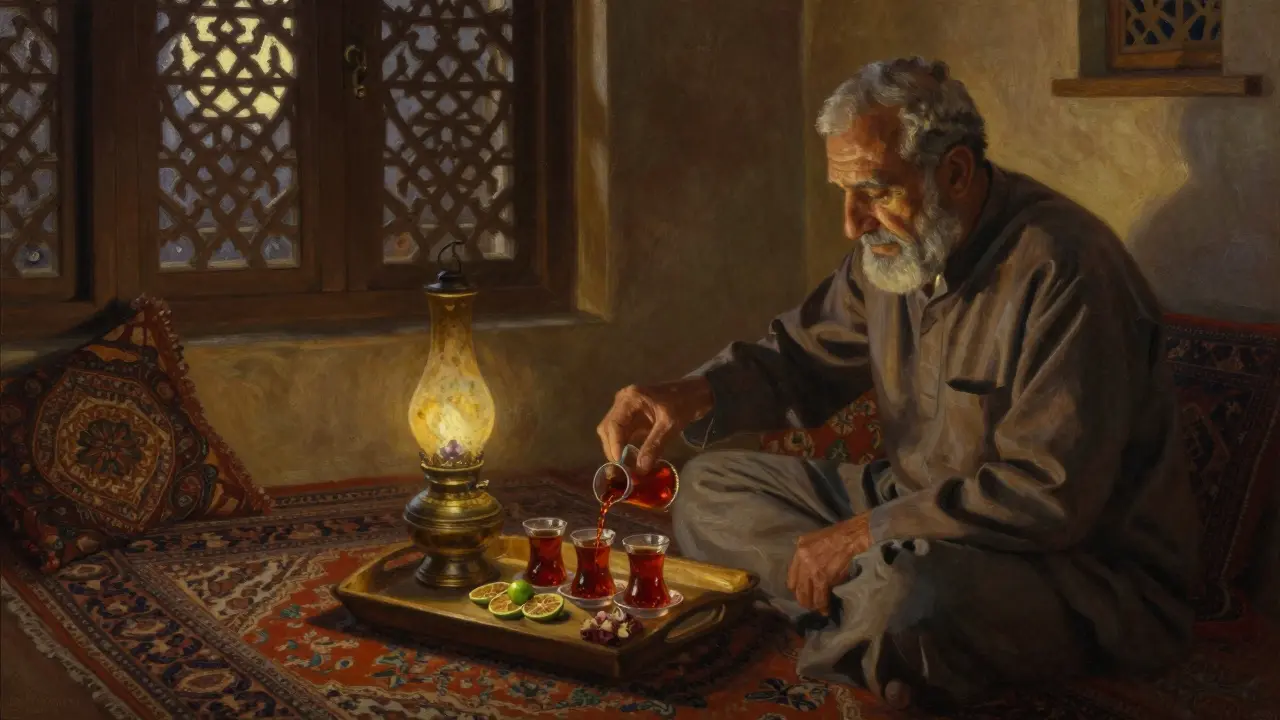 Elderly man pouring traditional saffron tea in a quiet tea house, warm lamplight on wooden trays and mashrabiya screens.