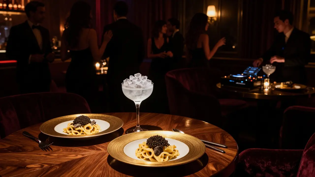 Elite guests dine and dance in a dimly lit, phone-free private club with gold-rimmed tableware.
